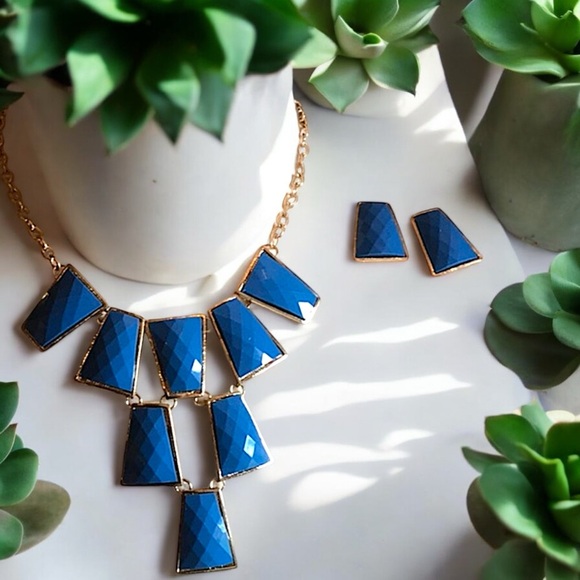 Funky Cobalt Blue Square Statement Necklace & Earring Set - Picture 3 of 16
